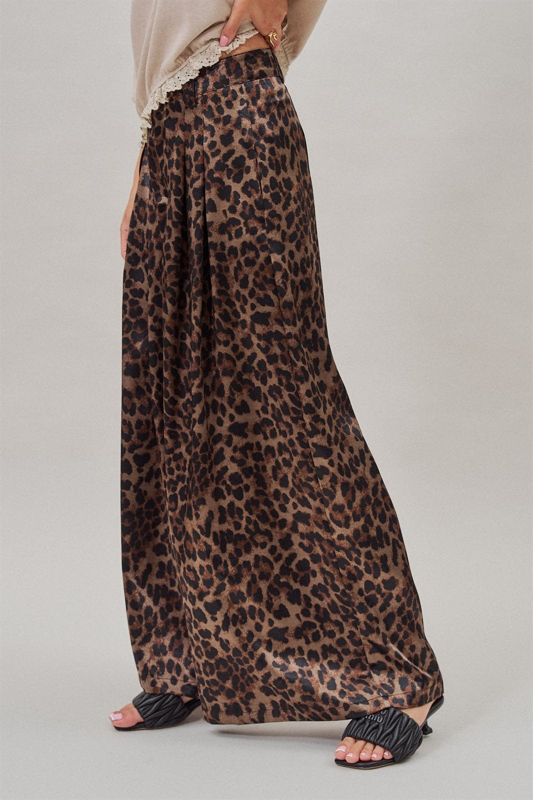 Leopard Print Satin Pleated Wide Leg Trousers in Leopard - Women's Pants | Urban Daizy