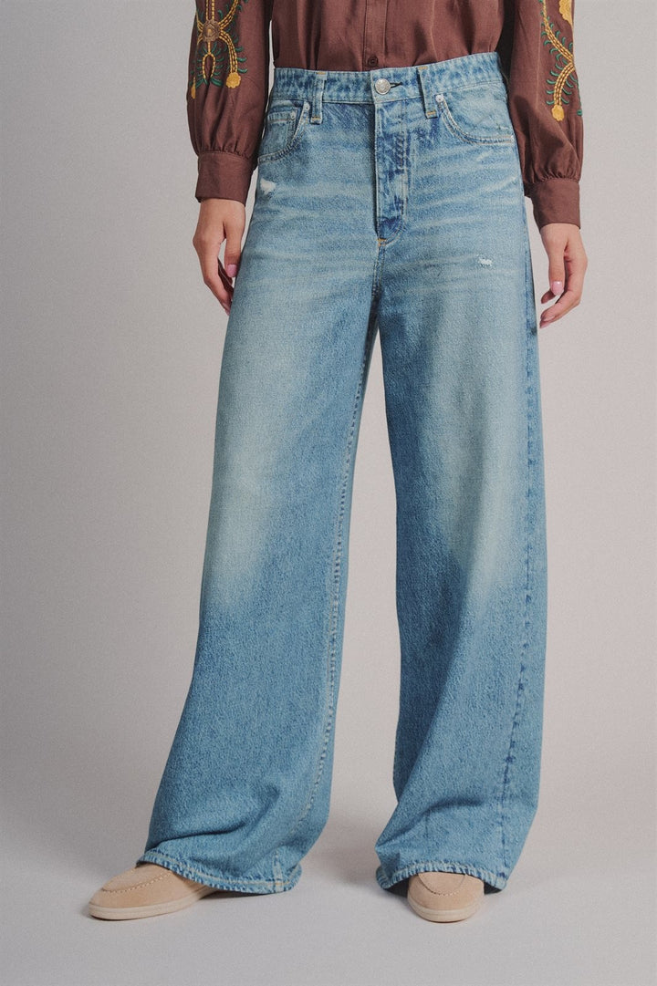 Faux Denim French Terry Wide Leg Pants in Denim - Women's Pants | Urban Daizy