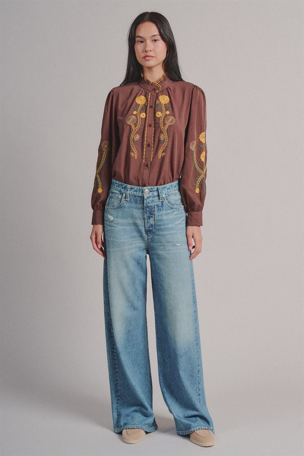Faux Denim French Terry Wide Leg Pants in Denim - Women's Pants | Urban Daizy