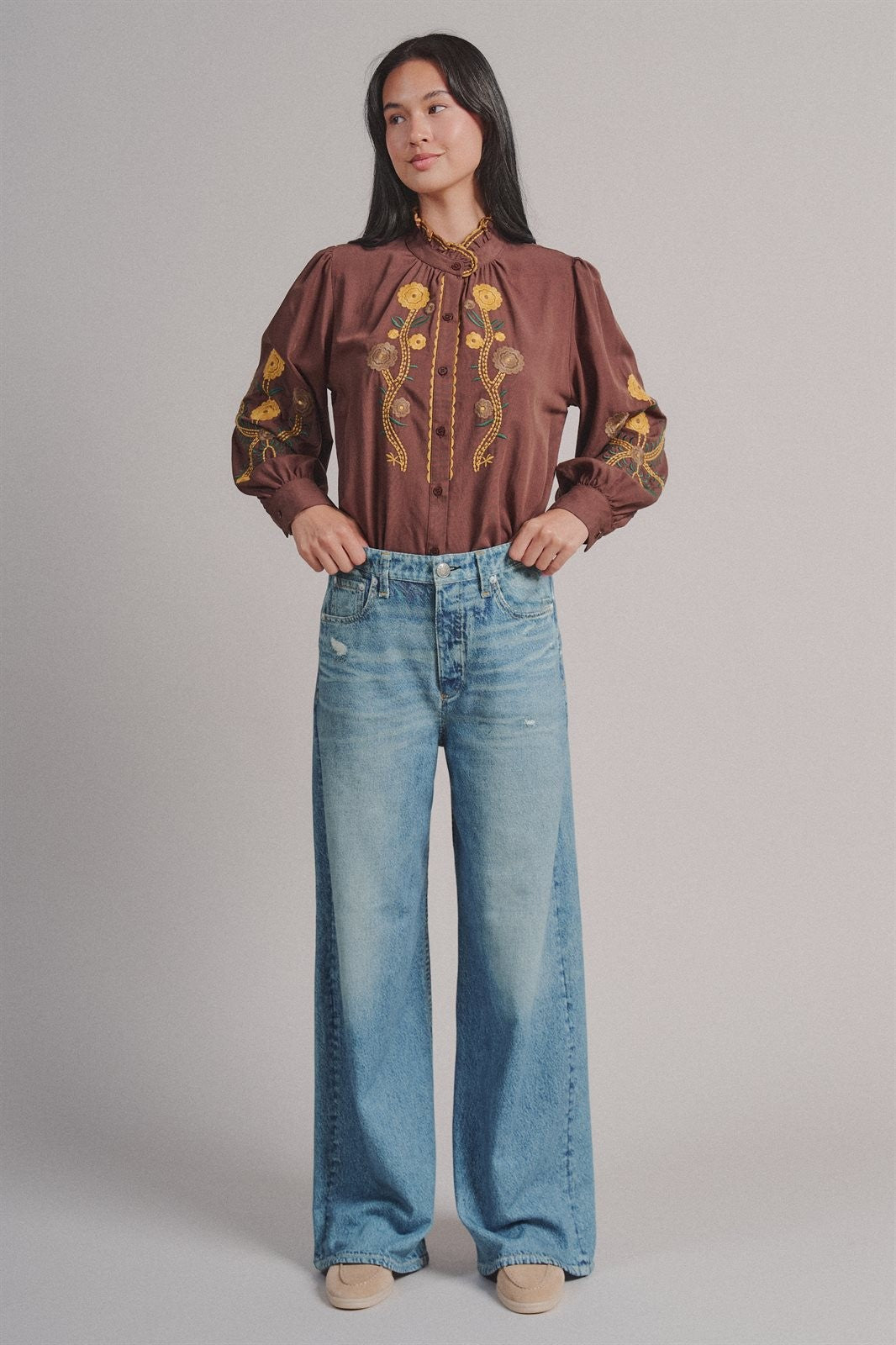 Faux Denim French Terry Wide Leg Pants in Denim - Women's Pants | Urban Daizy