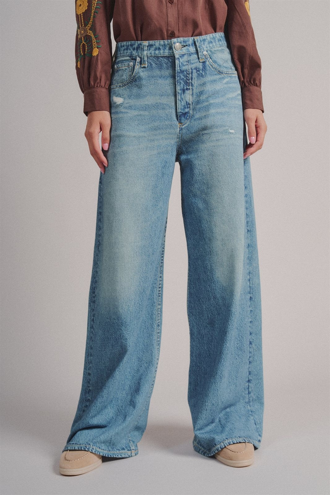 Faux Denim French Terry Wide Leg Pants in Denim - Women's Pants | Urban Daizy