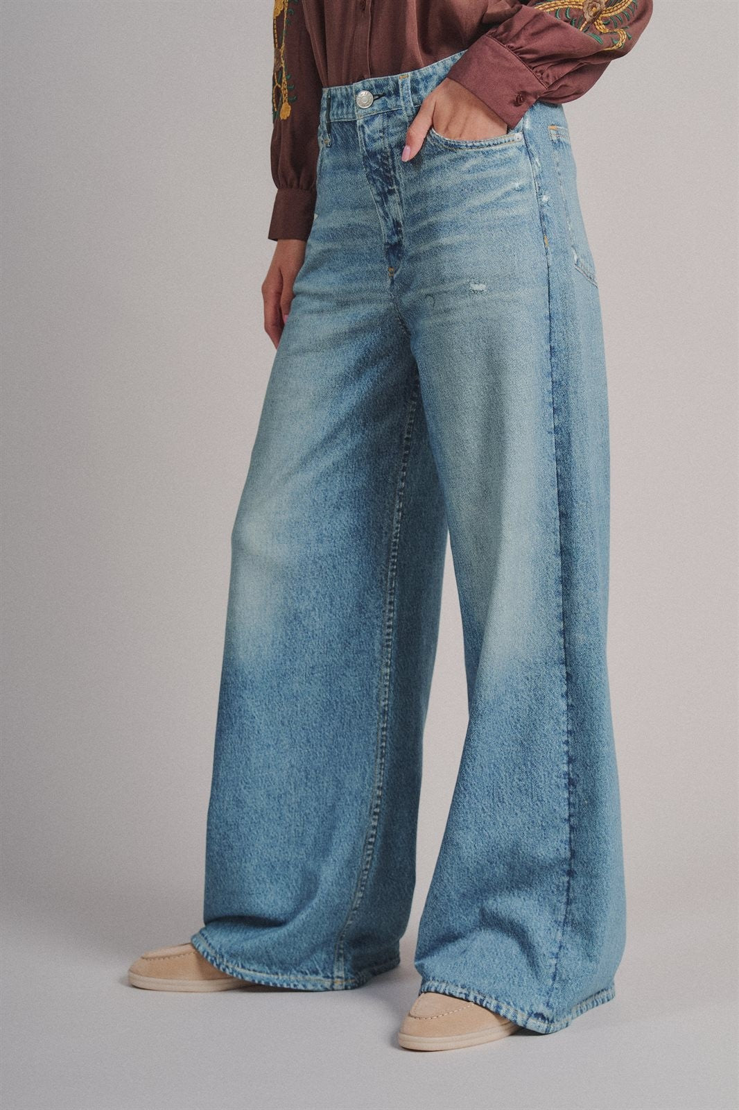 Faux Denim French Terry Wide Leg Pants in Denim - Women's Pants | Urban Daizy