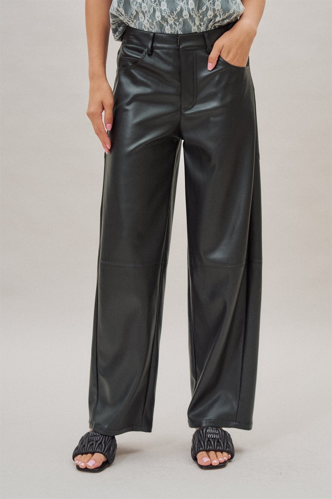 Faux Leather Barrel Leg Pant with Pockets in Black - Women's Casual Pants | Urban Daizy