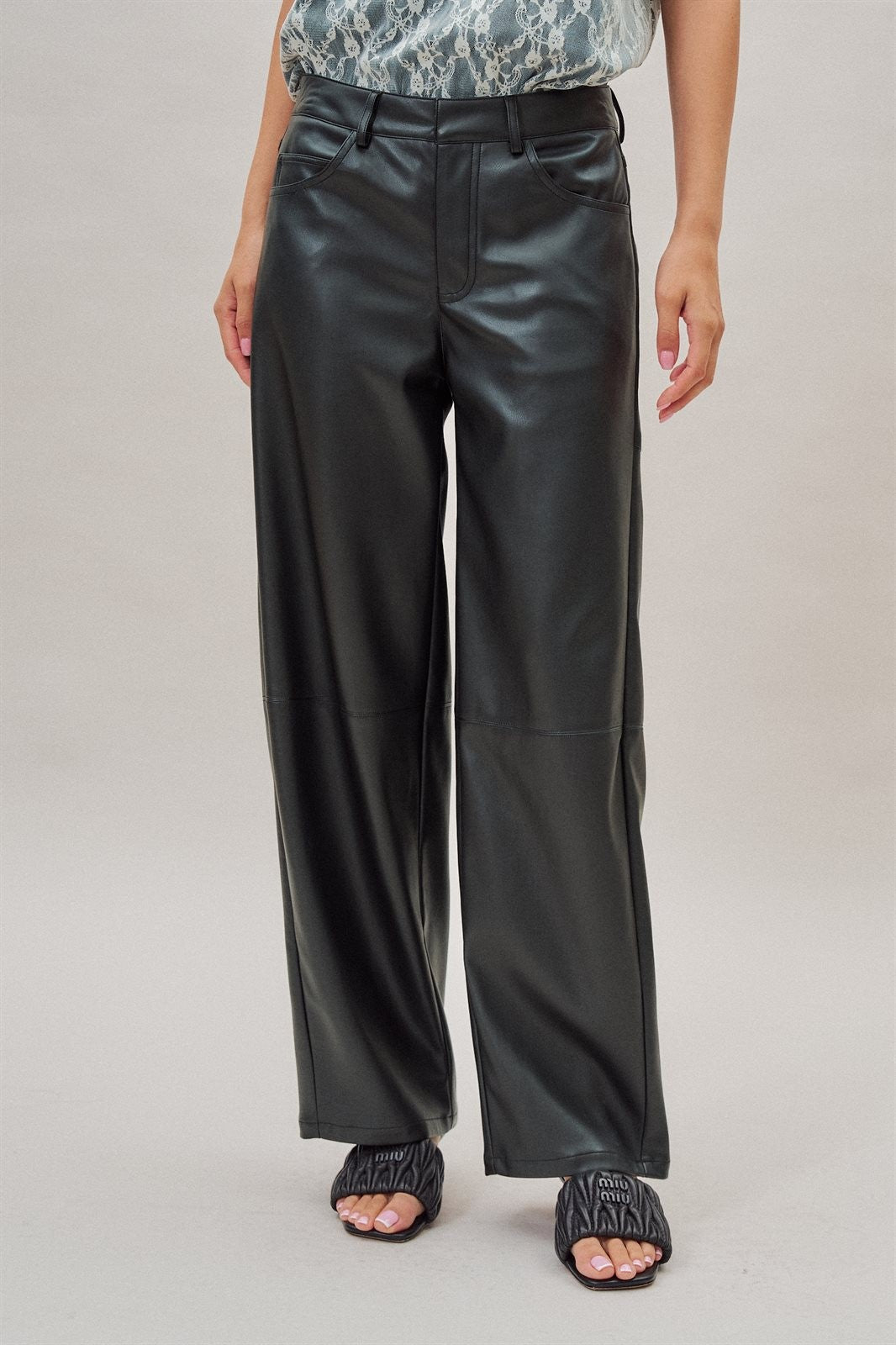 Faux Leather Barrel Leg Pant with Pockets in Black - Women's Casual Pants | Urban Daizy