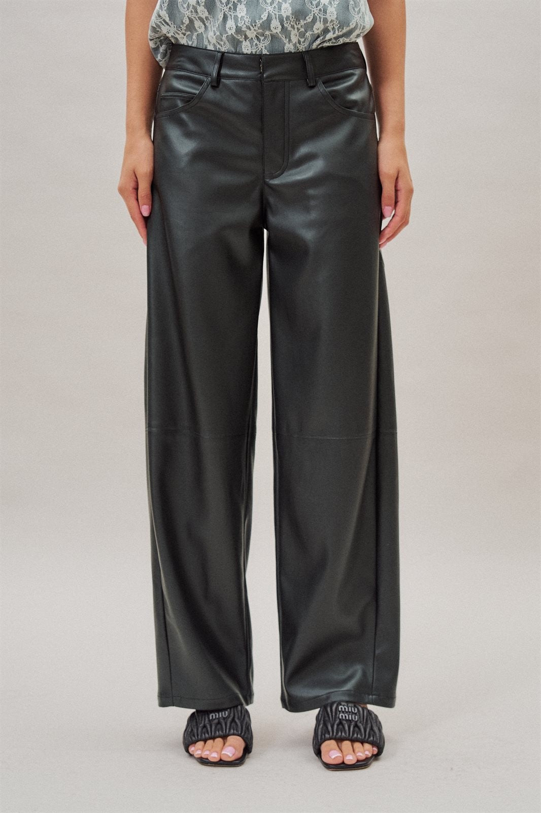 Faux Leather Barrel Leg Pant with Pockets in Black - Women's Casual Pants | Urban Daizy
