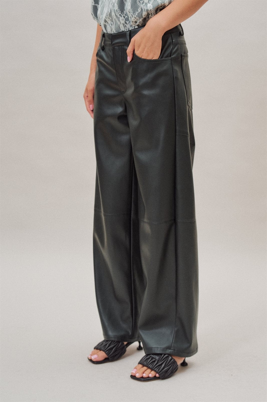 Faux Leather Barrel Leg Pant with Pockets in Black - Women's Casual Pants | Urban Daizy