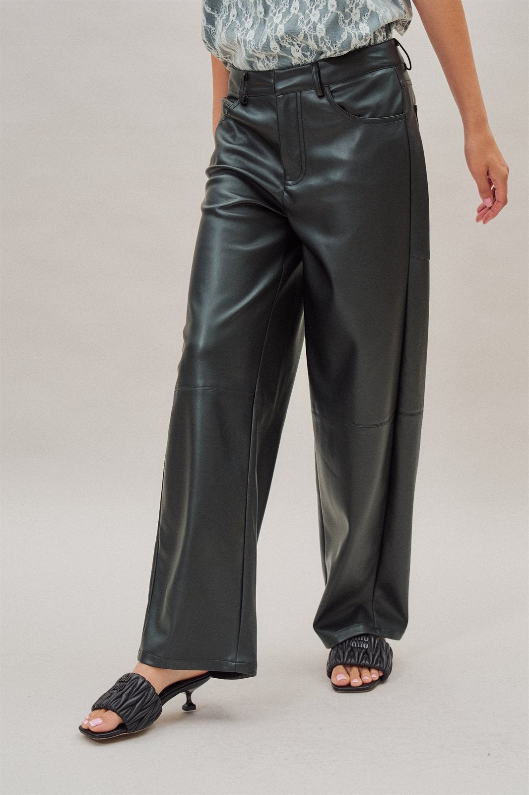 Faux Leather Barrel Leg Pant with Pockets in Black - Women's Casual Pants | Urban Daizy