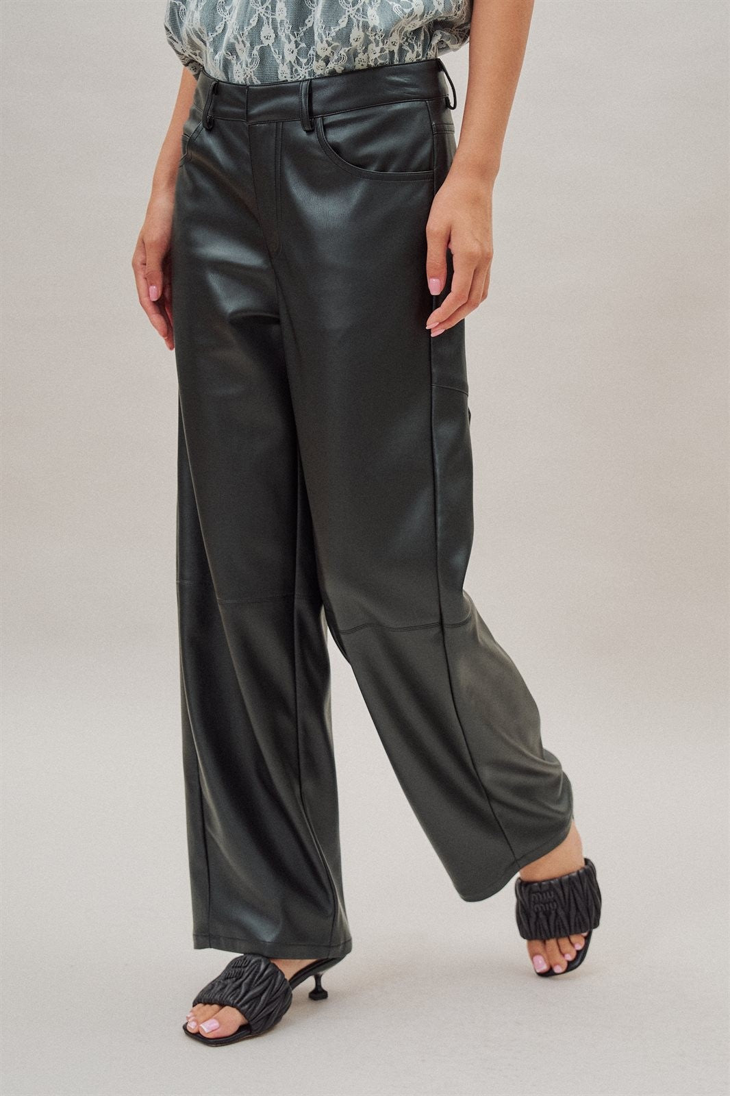 Faux Leather Barrel Leg Pant with Pockets in Black - Women's Casual Pants | Urban Daizy