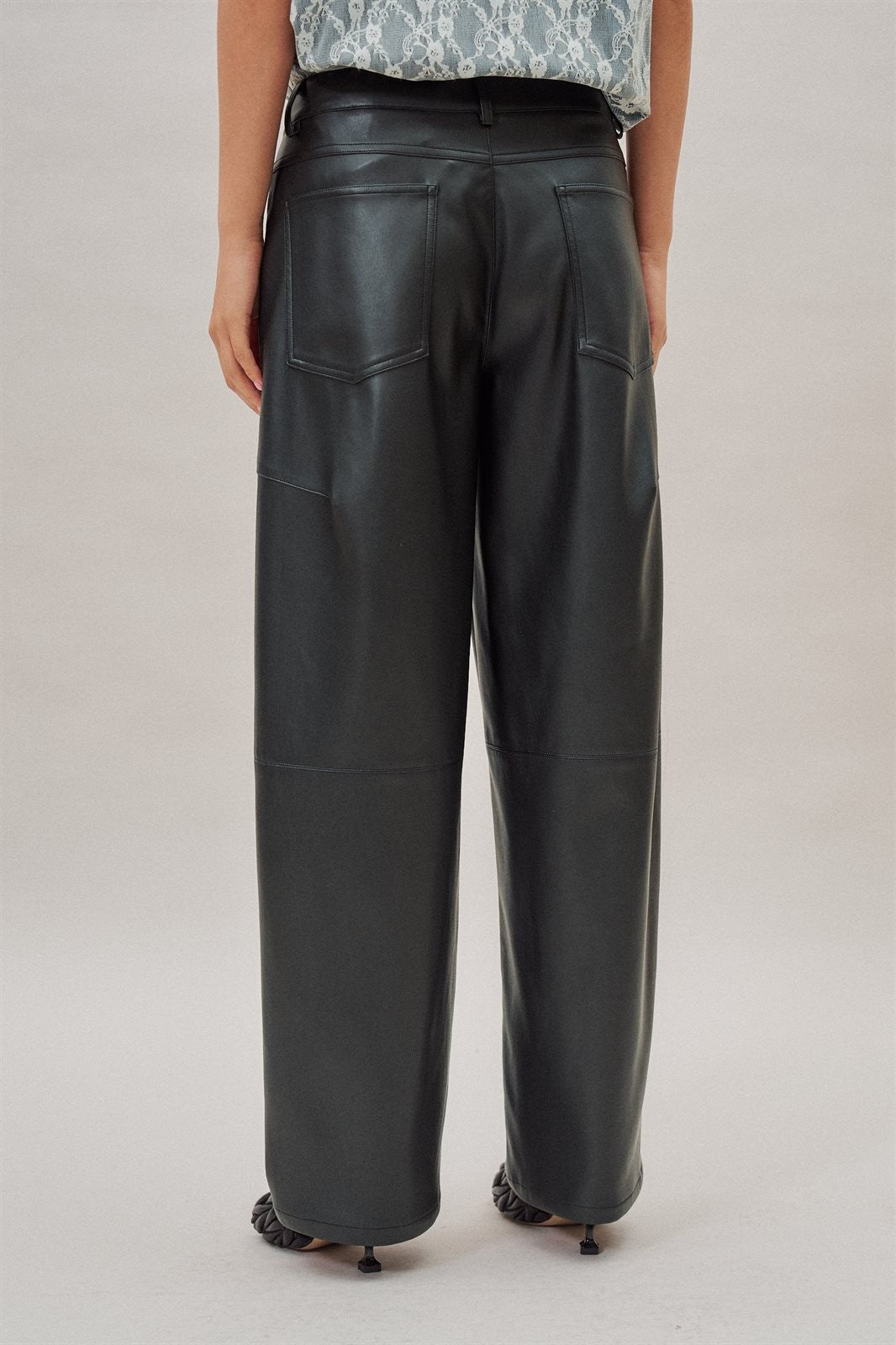 Faux Leather Barrel Leg Pant with Pockets in Black - Women's Casual Pants | Urban Daizy