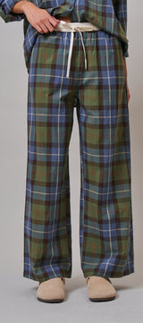 Plaid Wide Leg Cotton Drawstring Pants in Green - Women's Casual Pants | Urban Daizy