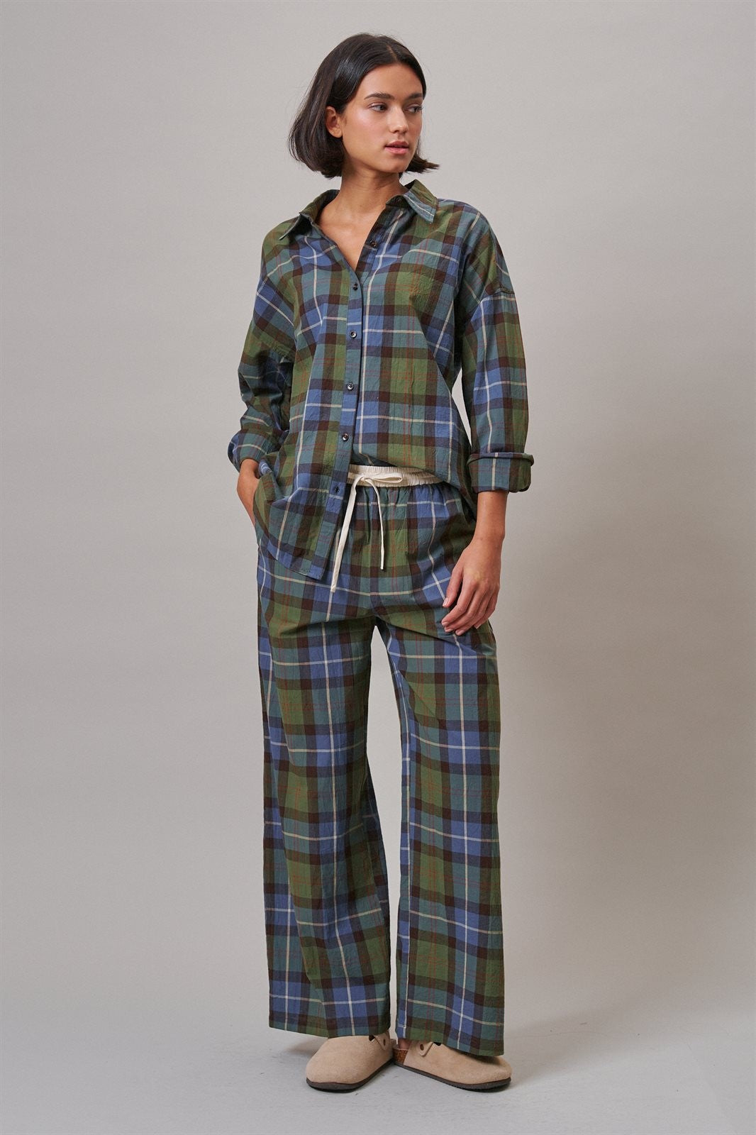 Plaid Wide Leg Cotton Drawstring Pants in Green - Women's Casual Pants | Urban Daizy