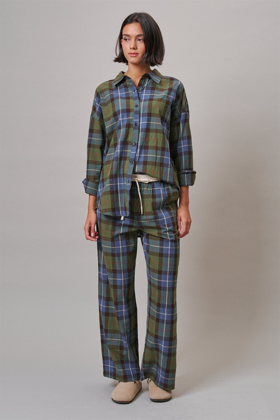 Plaid Wide Leg Cotton Drawstring Pants in Green - Women's Casual Pants | Urban Daizy