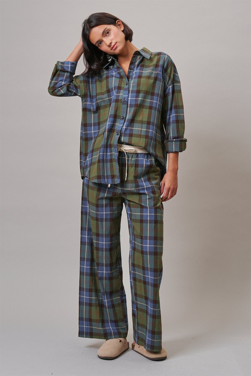 Plaid Wide Leg Cotton Drawstring Pants in Green - Women's Casual Pants | Urban Daizy