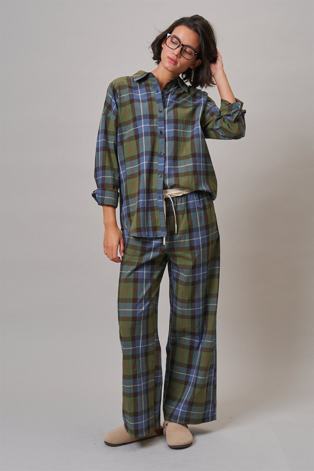 Plaid Wide Leg Cotton Drawstring Pants in Green - Women's Casual Pants | Urban Daizy