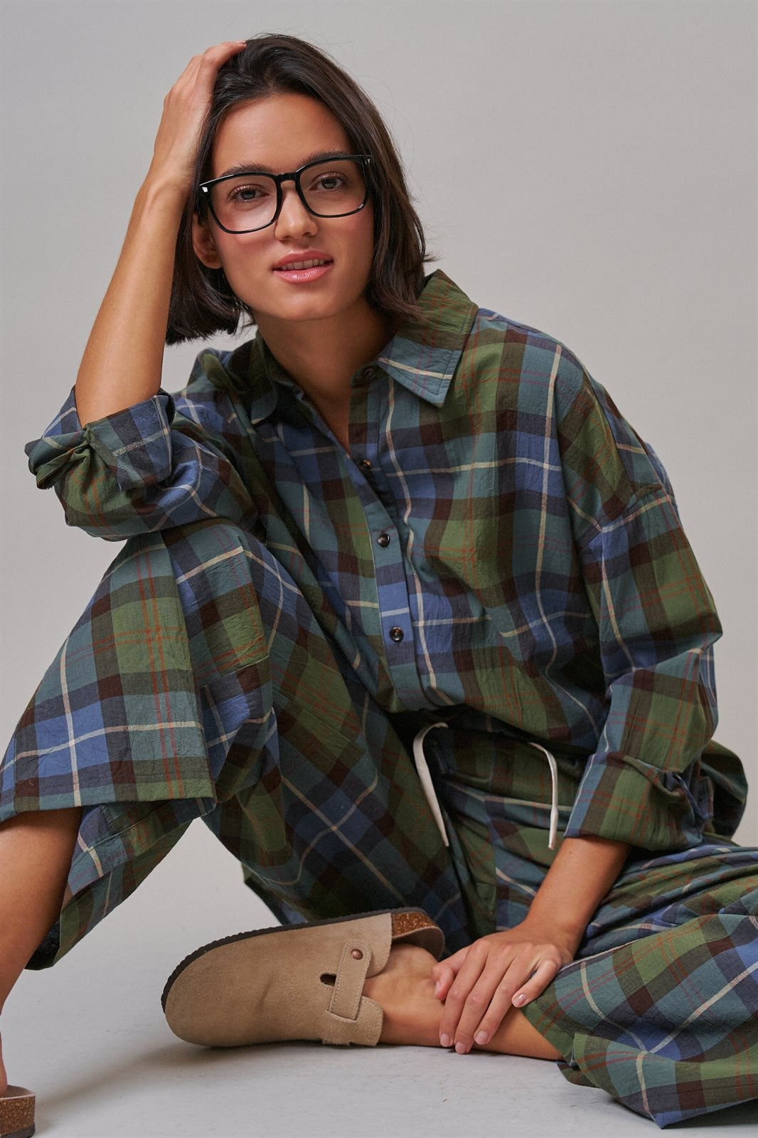 Plaid Wide Leg Cotton Drawstring Pants in Green - Women's Casual Pants | Urban Daizy