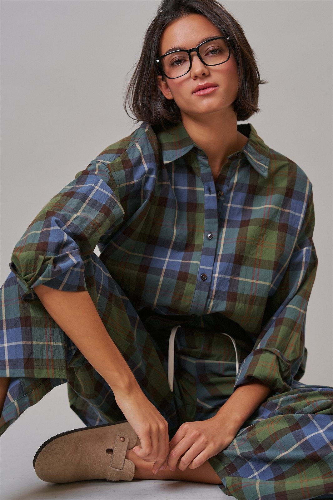 Plaid Wide Leg Cotton Drawstring Pants in Green - Women's Casual Pants | Urban Daizy