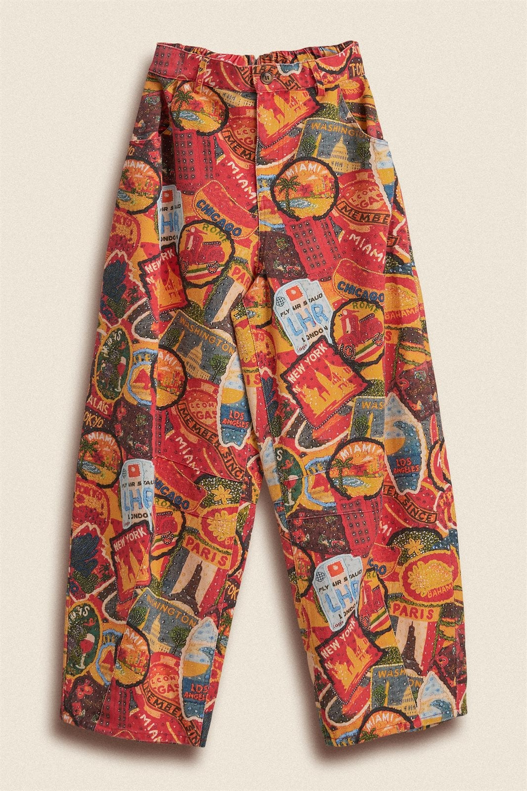 Travel Patch Print Wide Leg Cotton Pants in Multi - Women's Casual Pants | Urban Daizy