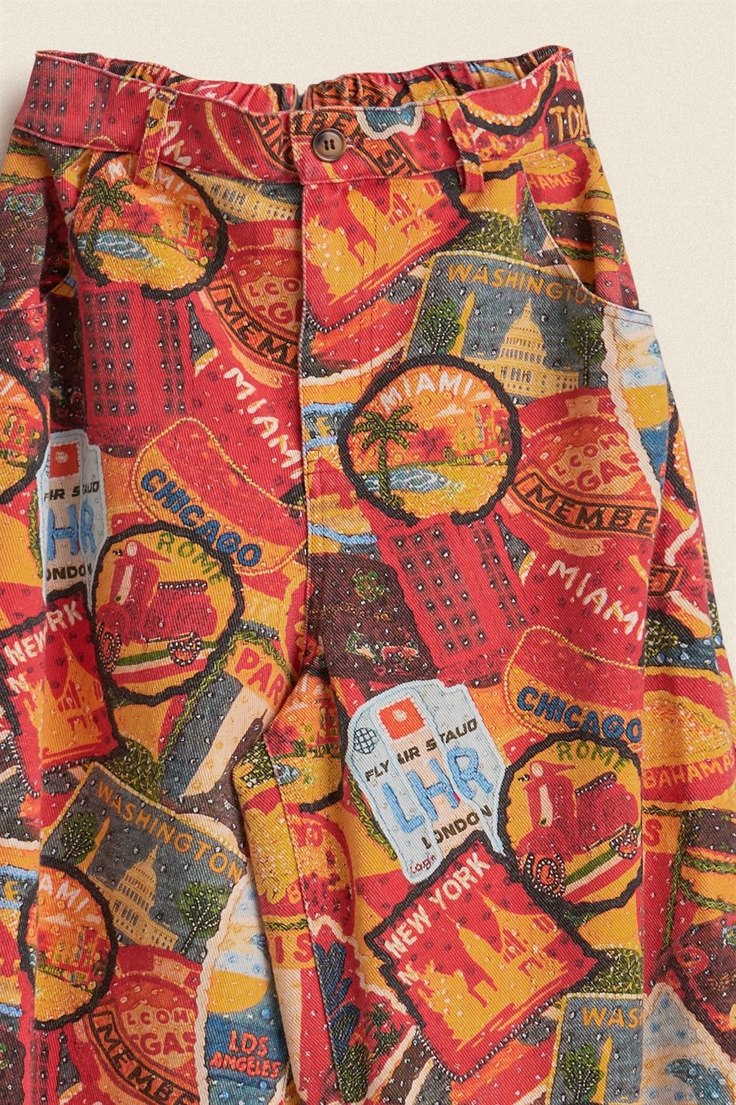 Travel Patch Print Wide Leg Cotton Pants in Multi - Women's Casual Pants | Urban Daizy