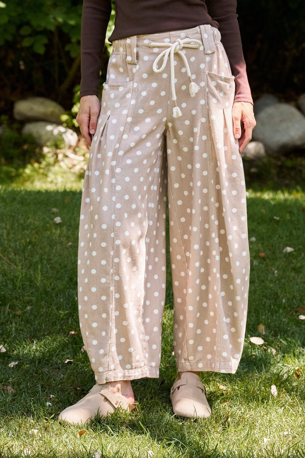 Polka Dot Barrel Leg Pants in Cotton Twill in Taupe	 - Women's Casual Pants | Urban Daizy