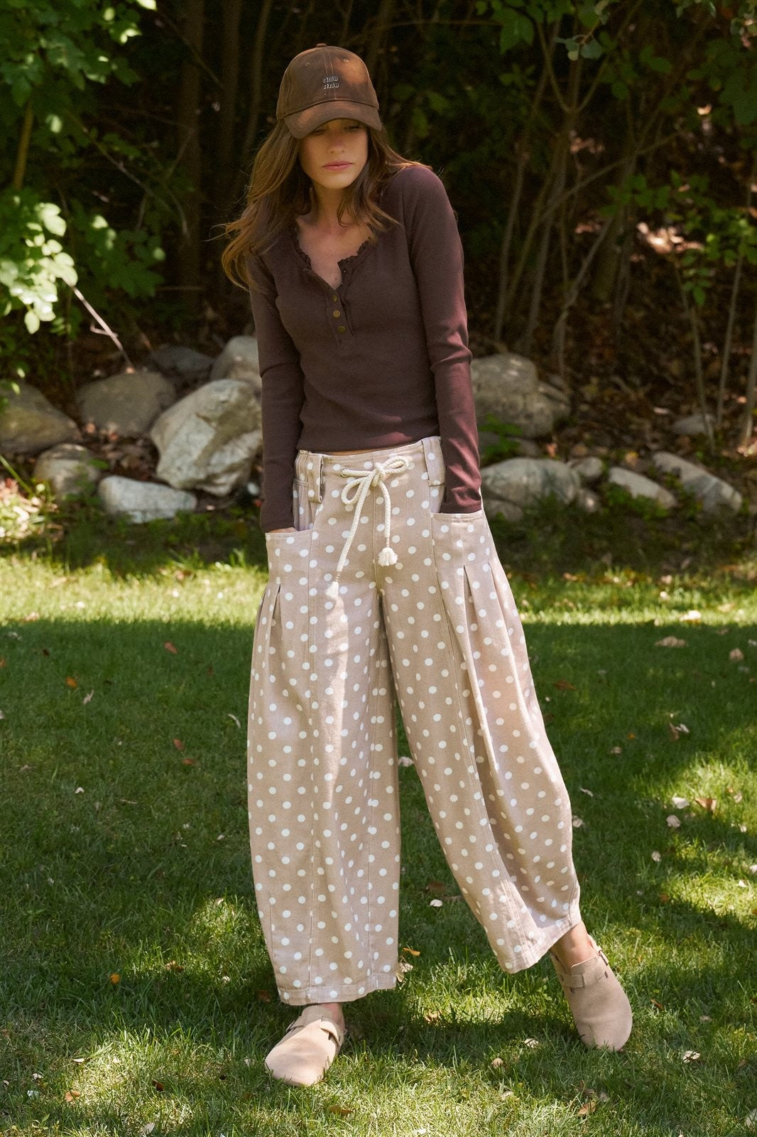 Polka Dot Barrel Leg Pants in Cotton Twill in Taupe	 - Women's Casual Pants | Urban Daizy
