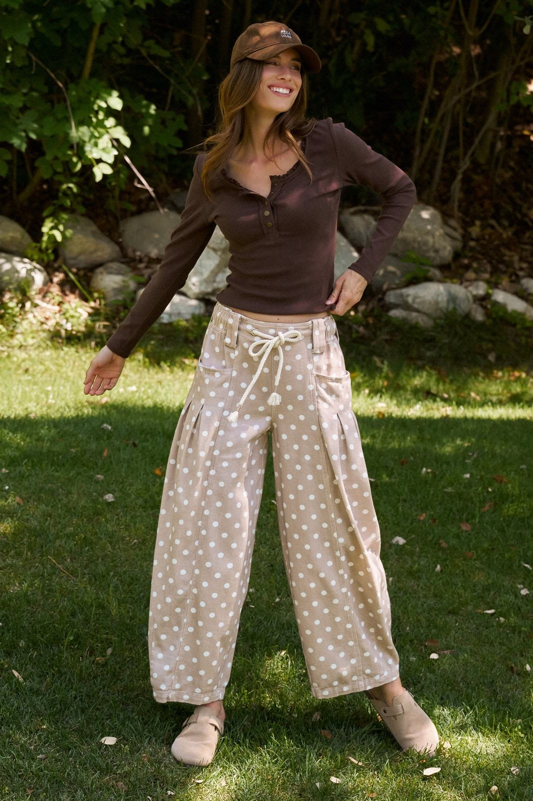 Polka Dot Barrel Leg Pants in Cotton Twill in Taupe	 - Women's Casual Pants | Urban Daizy