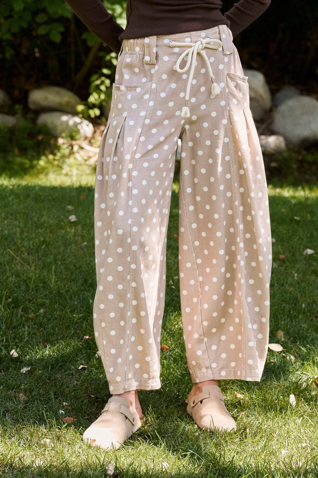 Polka Dot Barrel Leg Pants in Cotton Twill in Taupe	 - Women's Casual Pants | Urban Daizy