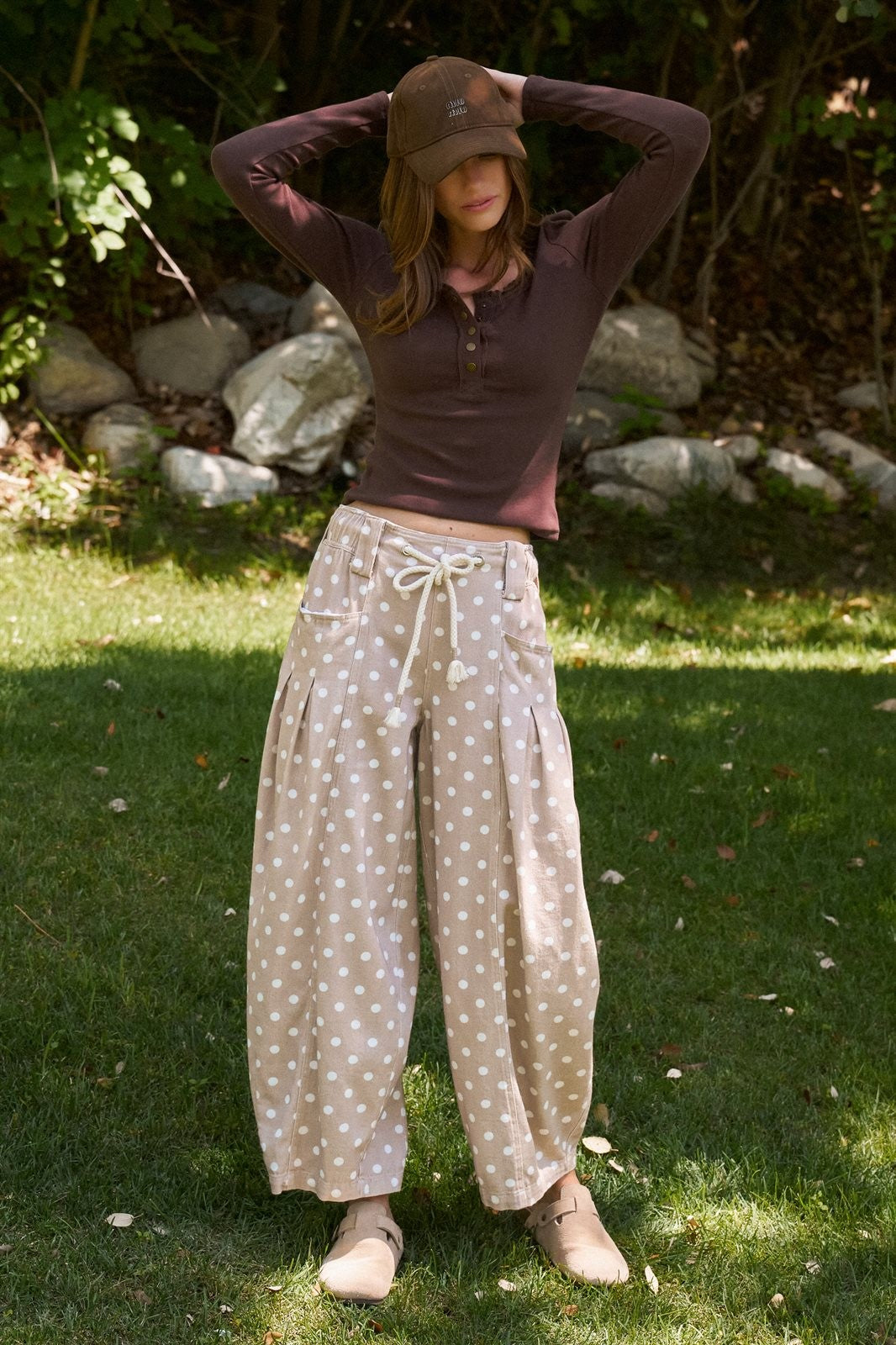Polka Dot Barrel Leg Pants in Cotton Twill in Taupe	 - Women's Casual Pants | Urban Daizy