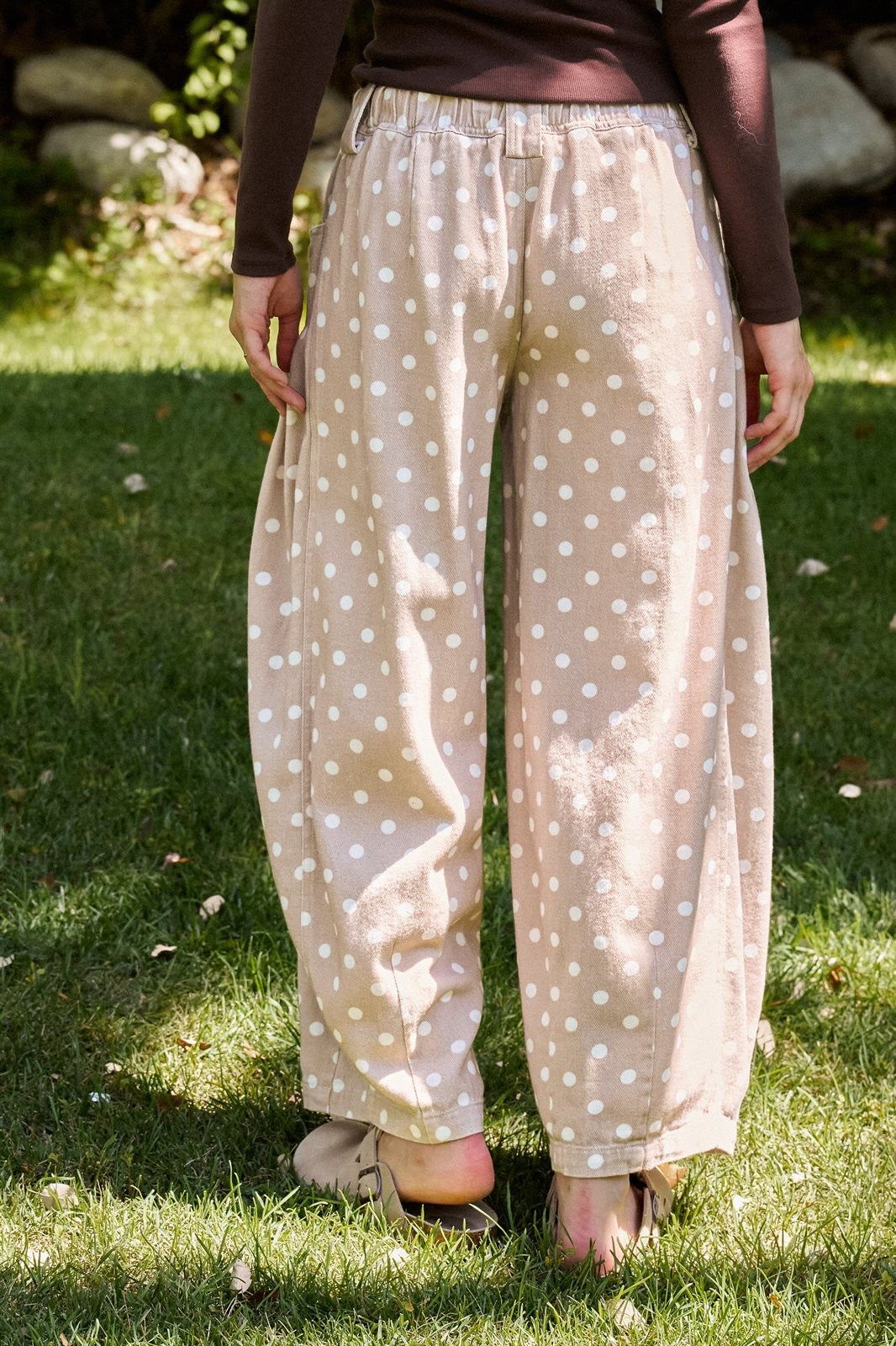 Polka Dot Barrel Leg Pants in Cotton Twill in Taupe	 - Women's Casual Pants | Urban Daizy