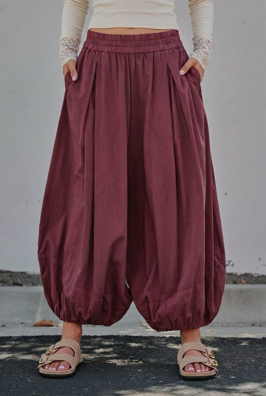 Balloon Hem Wide Leg Cotton Pants in Maroon - Women's Casual Pants | Urban Daizy