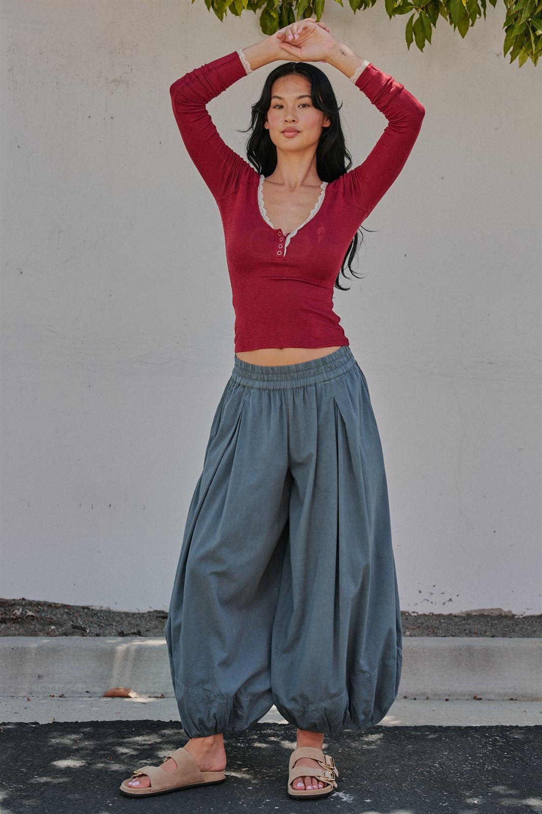 Balloon Hem Wide Leg Cotton Pants in Vintage Navy - Women's Casual Pants | Urban Daizy