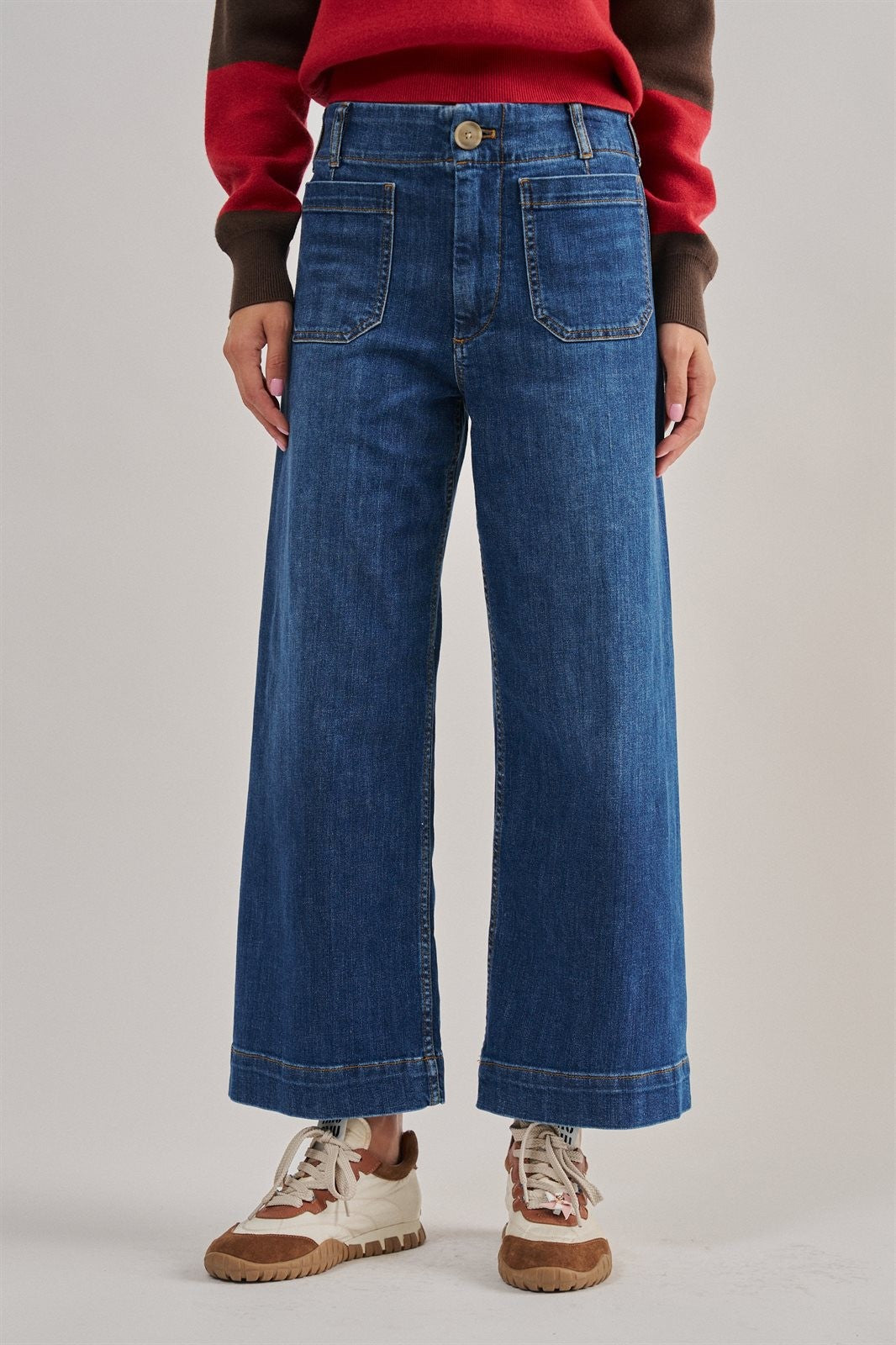 High Waist Wide Leg Jeans with Patch Pockets in Denim - Women's Casual Pants | Urban Daizy