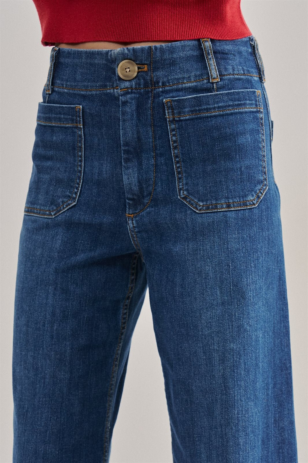High Waist Wide Leg Jeans with Patch Pockets in Denim - Women's Casual Pants | Urban Daizy