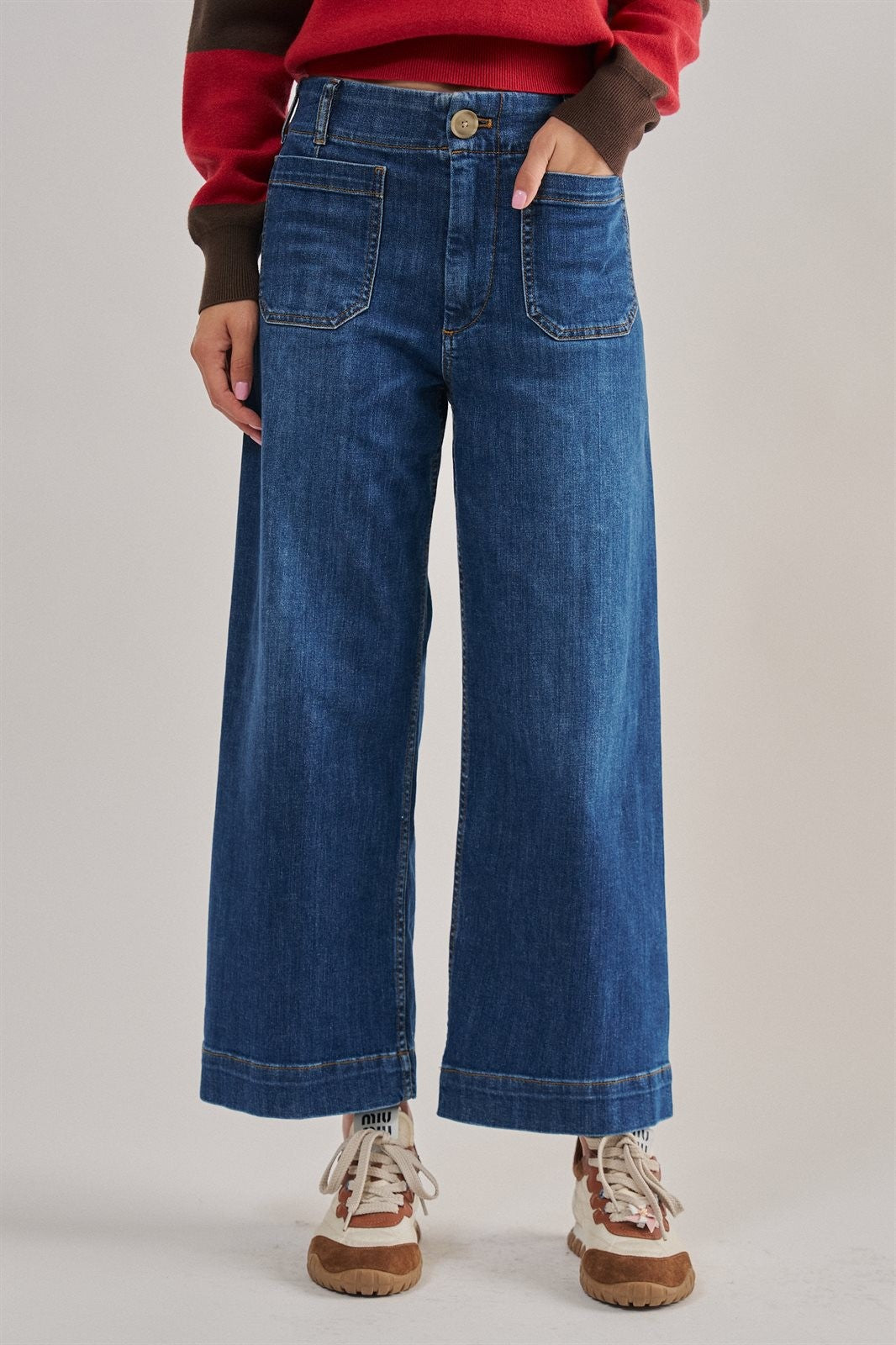 High Waist Wide Leg Jeans with Patch Pockets in Denim - Women's Casual Pants | Urban Daizy