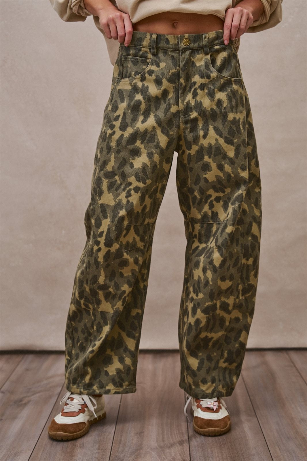 Animal Print Barrel Leg Utility Pants in Camo - Women's Casual Pants | Urban Daizy