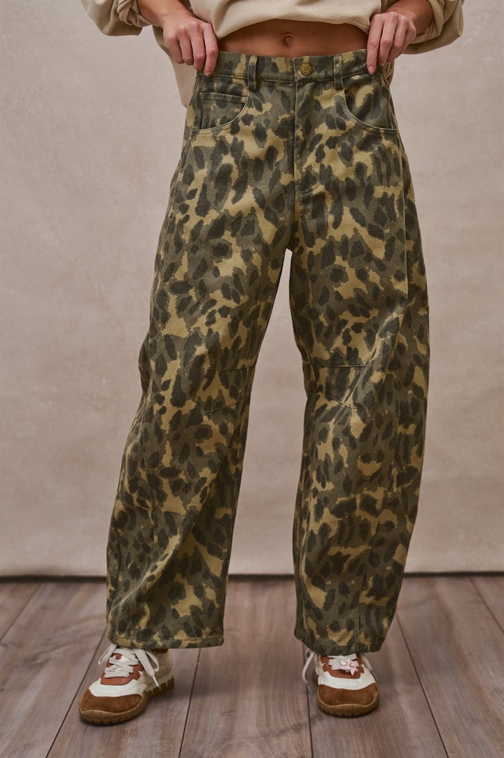 Animal Print Barrel Leg Utility Pants in Camo - Women's Casual Pants | Urban Daizy