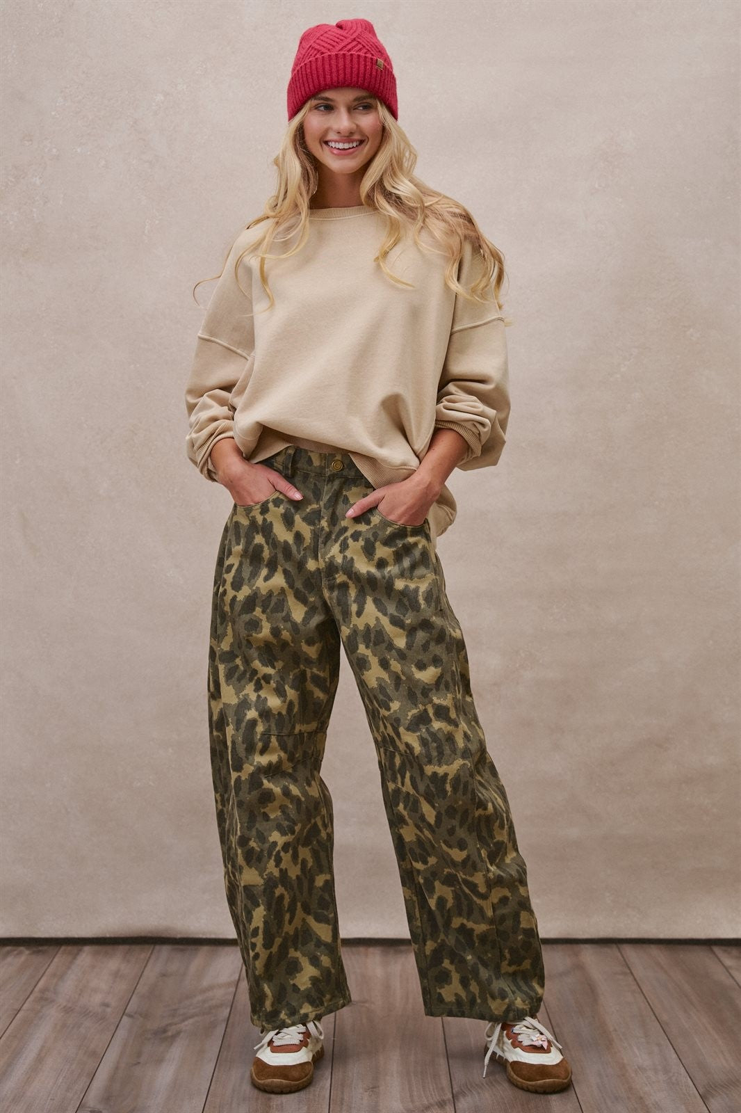 Animal Print Barrel Leg Utility Pants in Camo - Women's Casual Pants | Urban Daizy