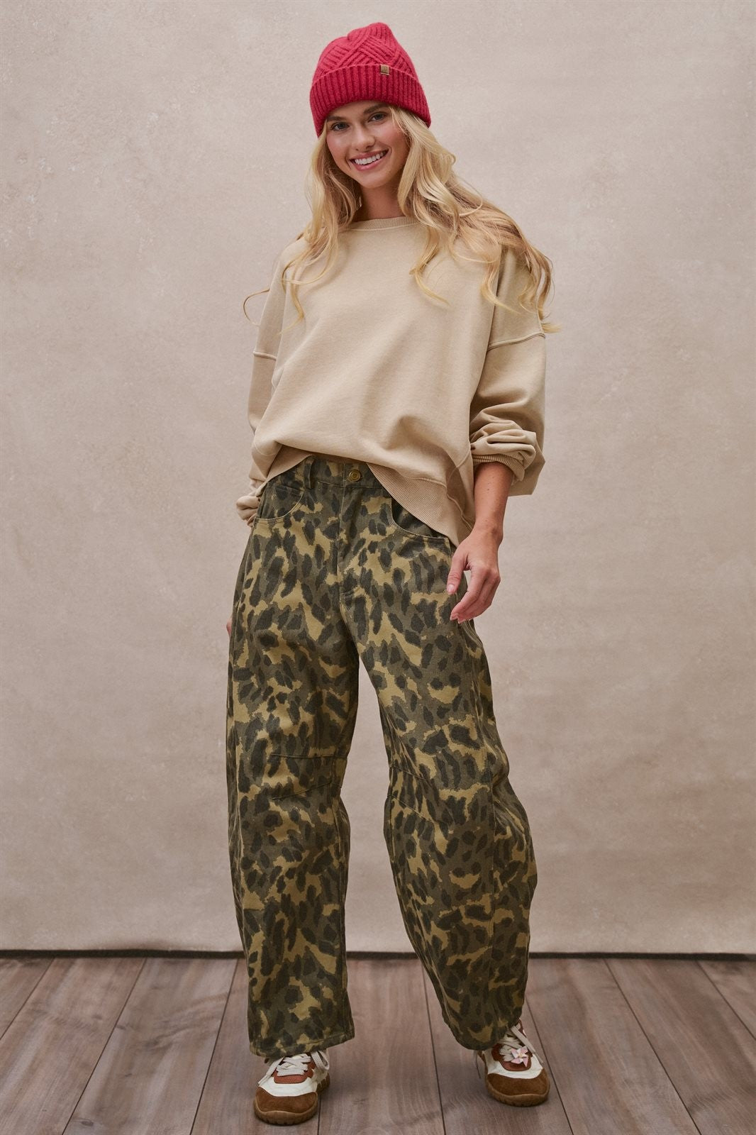 Animal Print Barrel Leg Utility Pants in Camo - Women's Casual Pants | Urban Daizy
