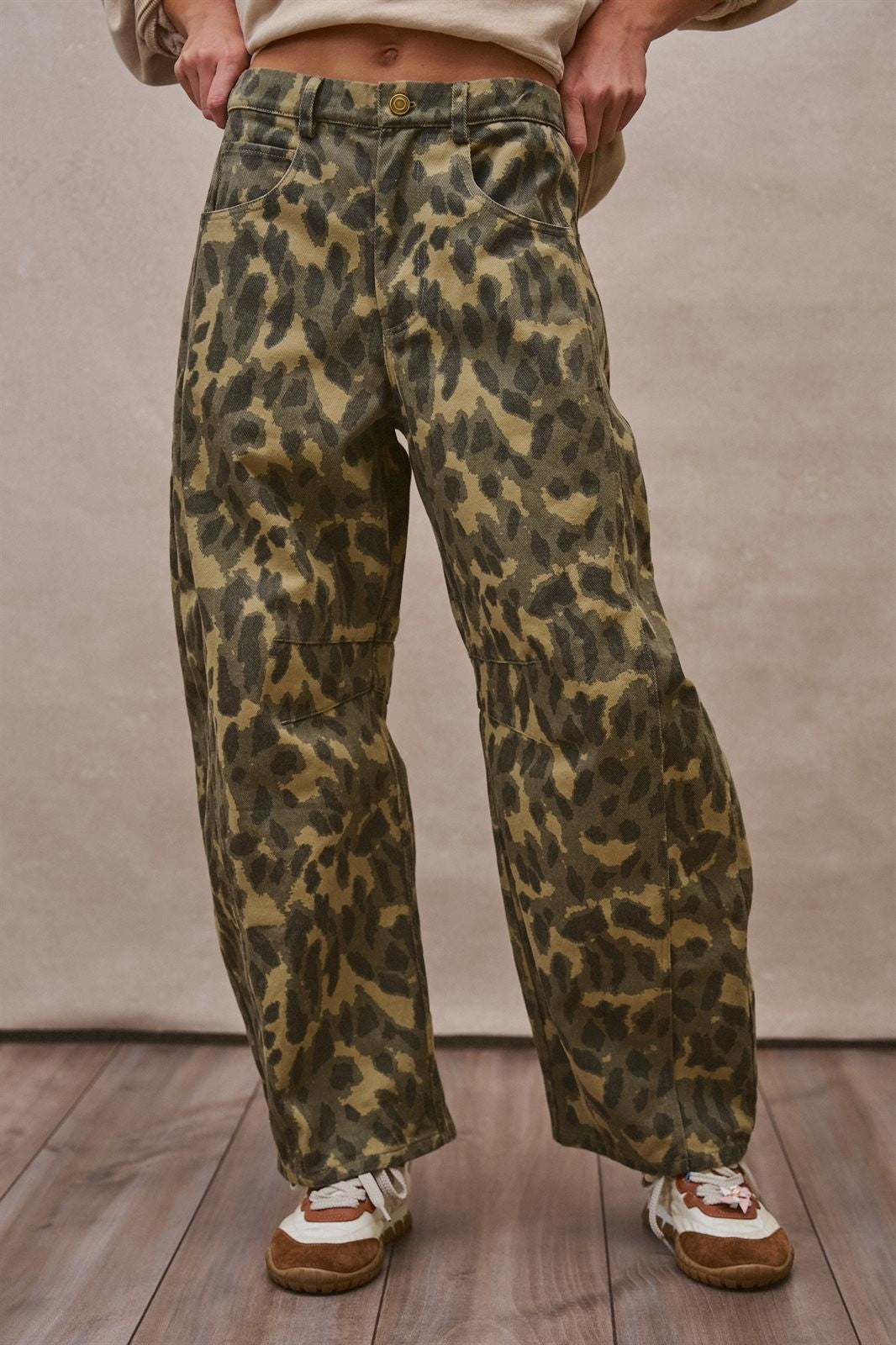 Animal Print Barrel Leg Utility Pants in Camo - Women's Casual Pants | Urban Daizy