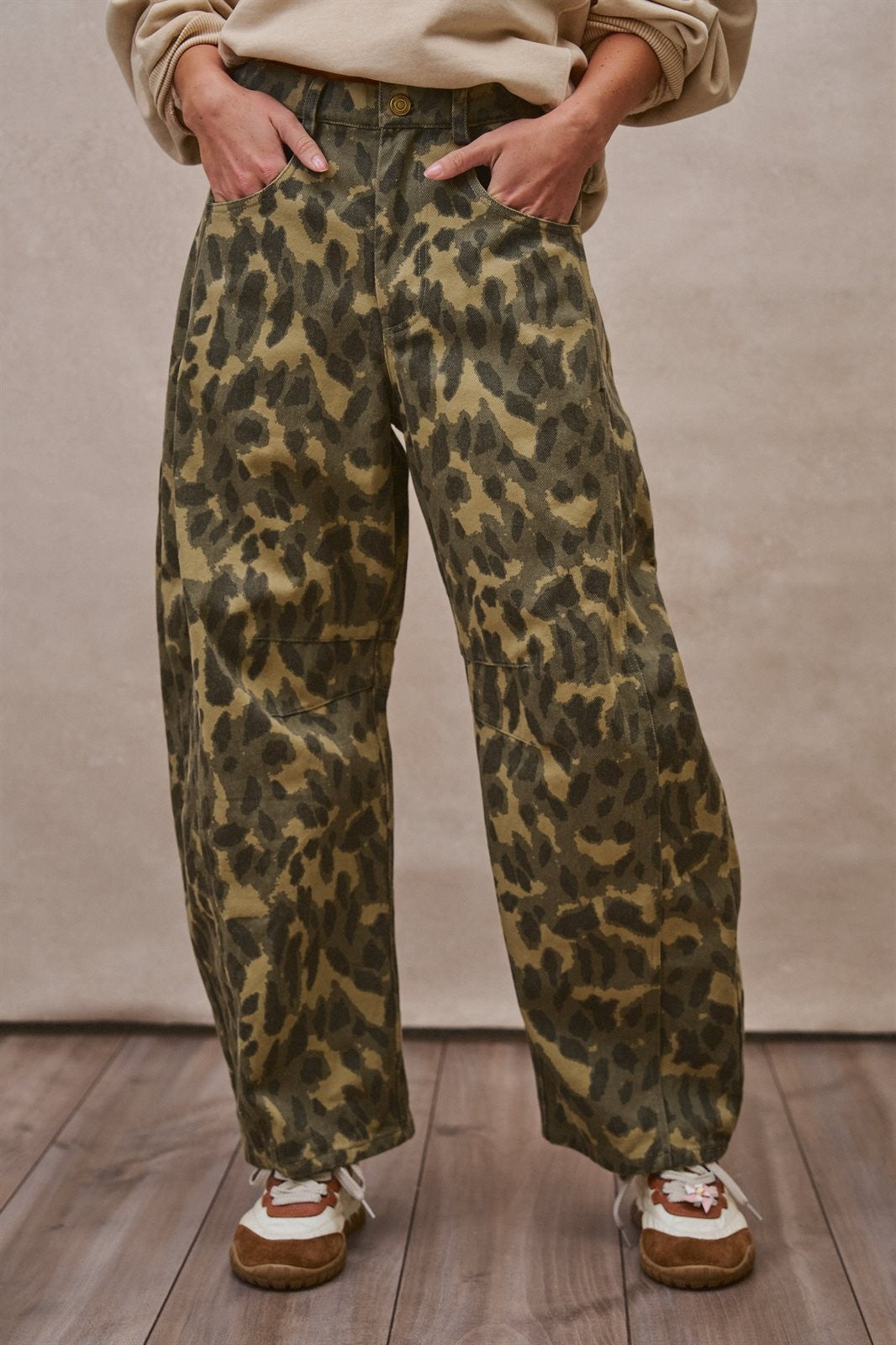Animal Print Barrel Leg Utility Pants in Camo - Women's Casual Pants | Urban Daizy