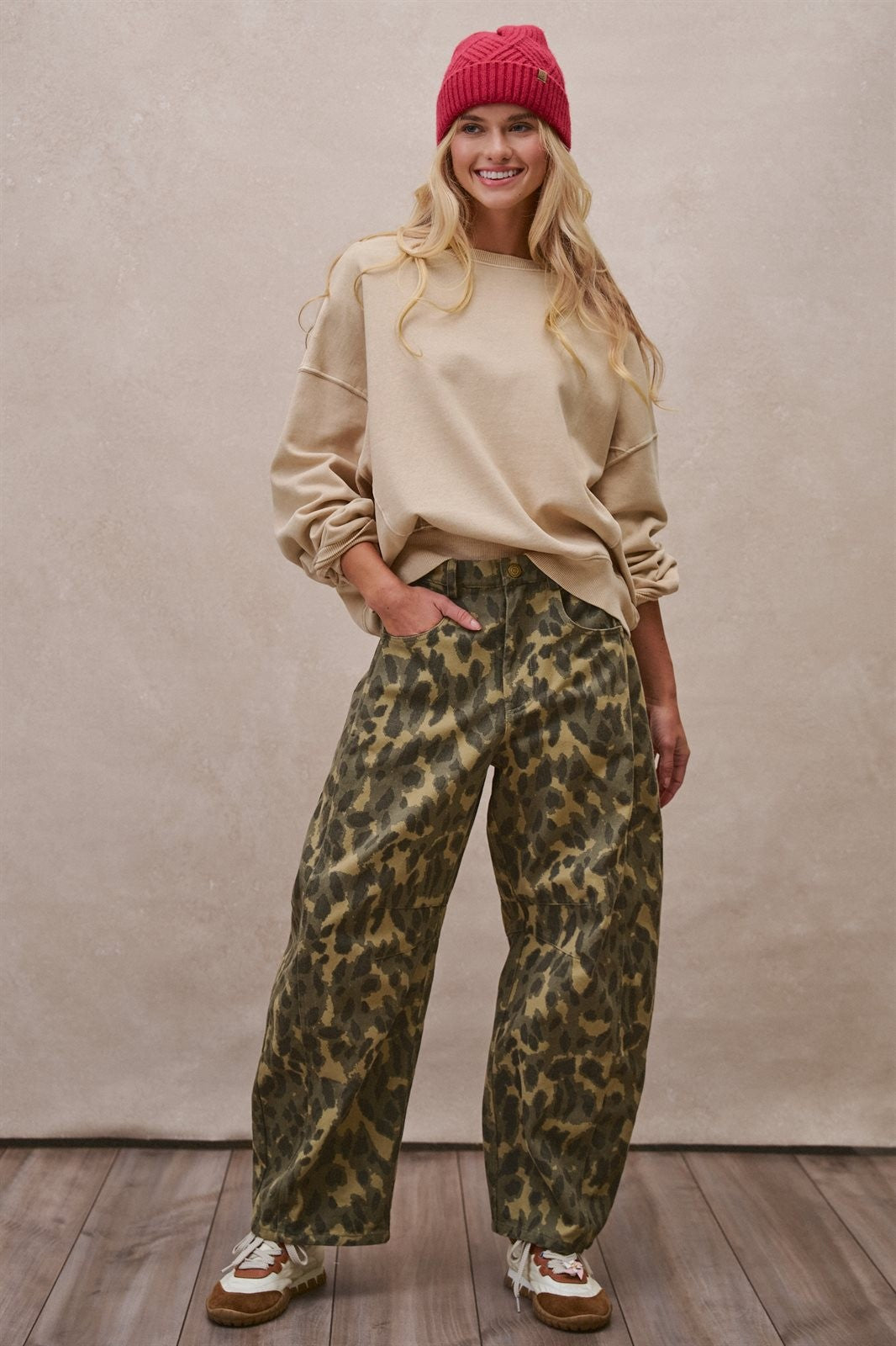 Animal Print Barrel Leg Utility Pants in Camo - Women's Casual Pants | Urban Daizy