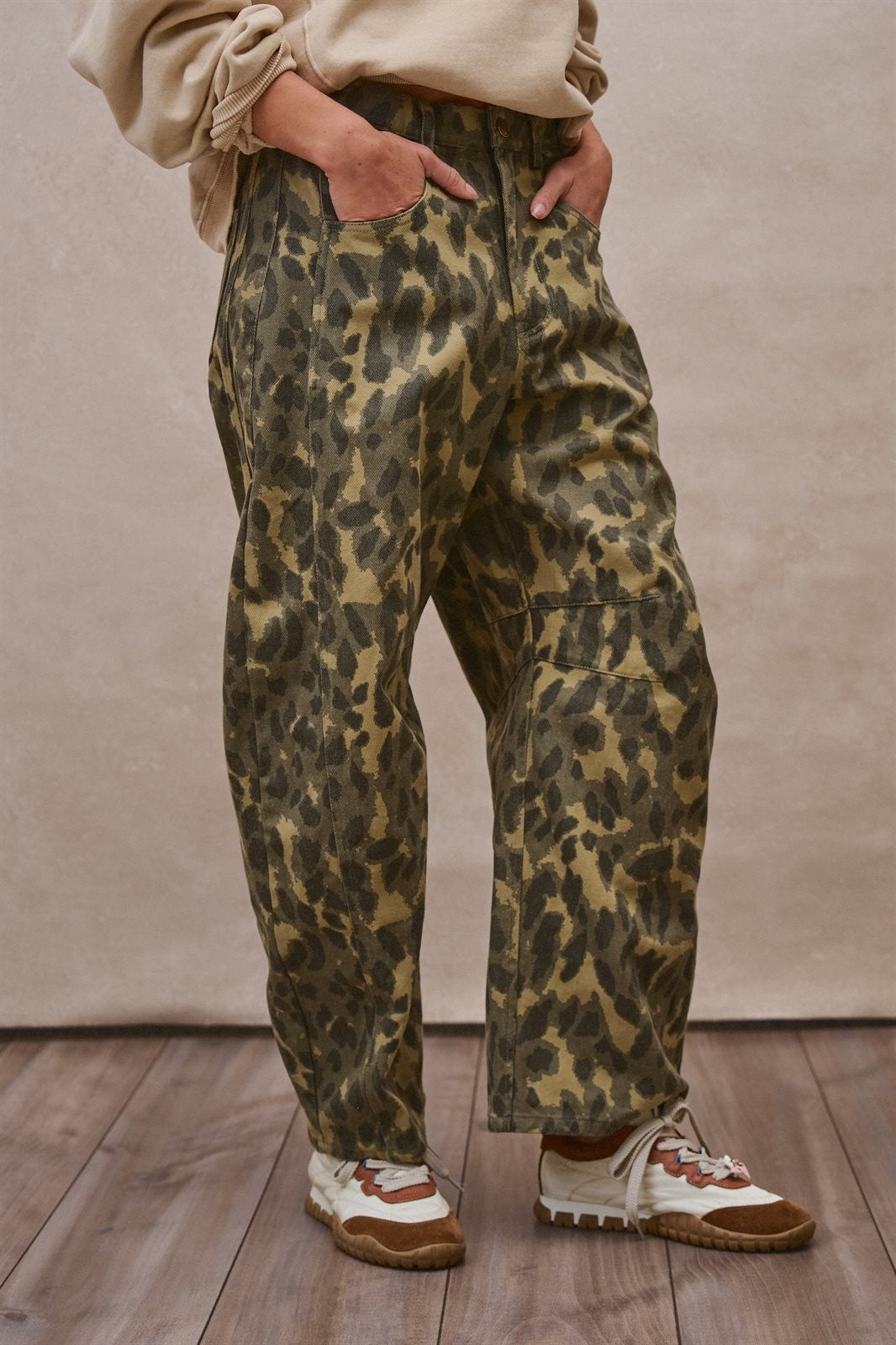 Animal Print Barrel Leg Utility Pants in Camo - Women's Casual Pants | Urban Daizy
