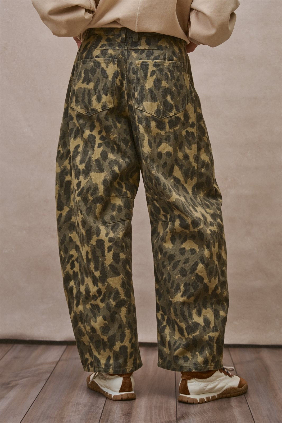 Animal Print Barrel Leg Utility Pants in Camo - Women's Casual Pants | Urban Daizy