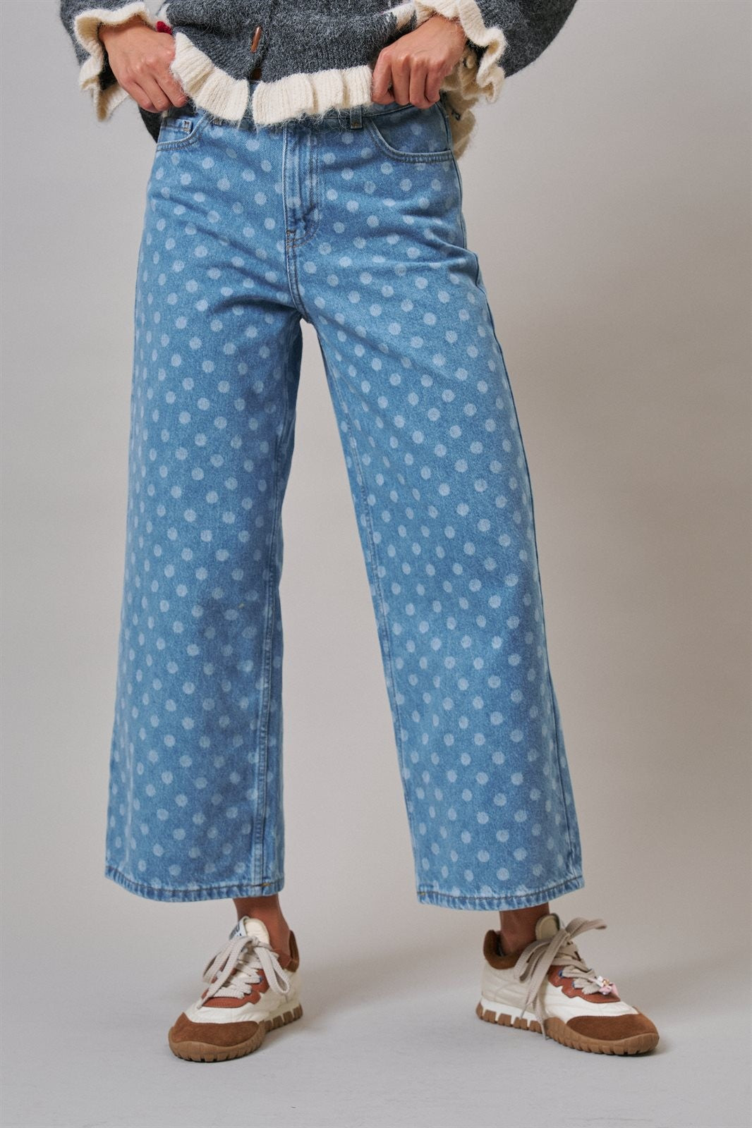 Polka Dot Wide Leg Barrel Jeans Light Wash Denim in Denim - Women's Casual Pants | Urban Daizy