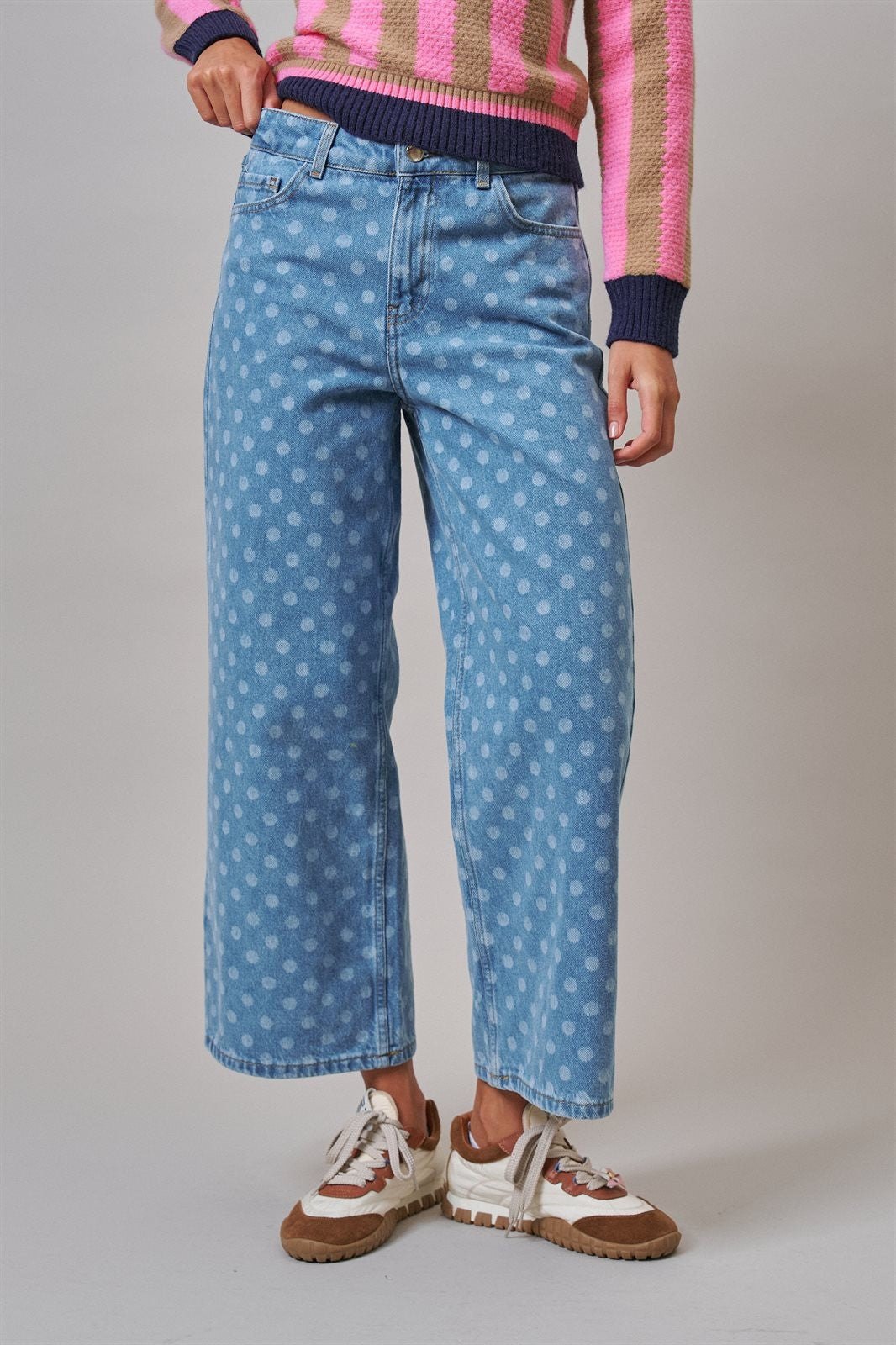 Polka Dot Wide Leg Barrel Jeans Light Wash Denim in Denim - Women's Casual Pants | Urban Daizy