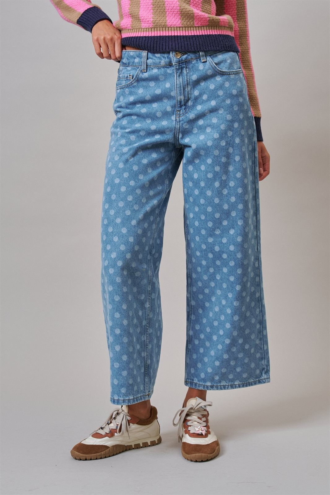 Polka Dot Wide Leg Barrel Jeans Light Wash Denim in Denim - Women's Casual Pants | Urban Daizy