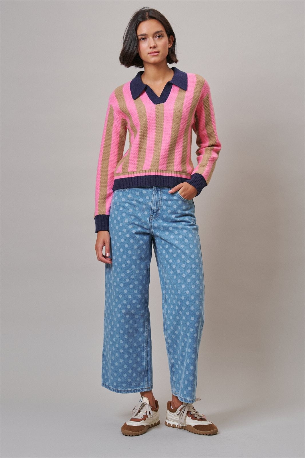 Polka Dot Wide Leg Barrel Jeans Light Wash Denim in Denim - Women's Casual Pants | Urban Daizy
