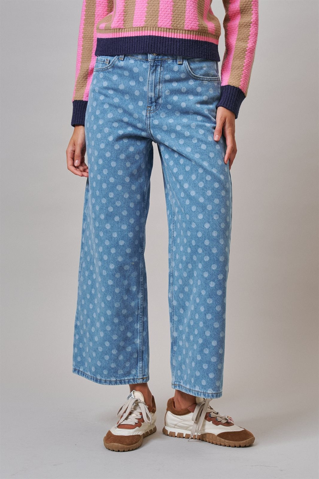 Polka Dot Wide Leg Barrel Jeans Light Wash Denim in Denim - Women's Casual Pants | Urban Daizy