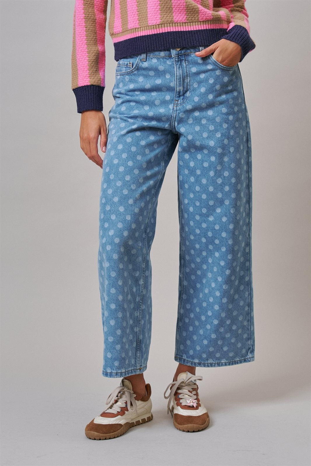 Polka Dot Wide Leg Barrel Jeans Light Wash Denim in Denim - Women's Casual Pants | Urban Daizy
