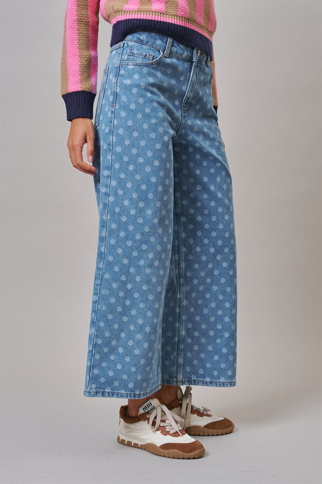 Polka Dot Wide Leg Barrel Jeans Light Wash Denim in Denim - Women's Casual Pants | Urban Daizy