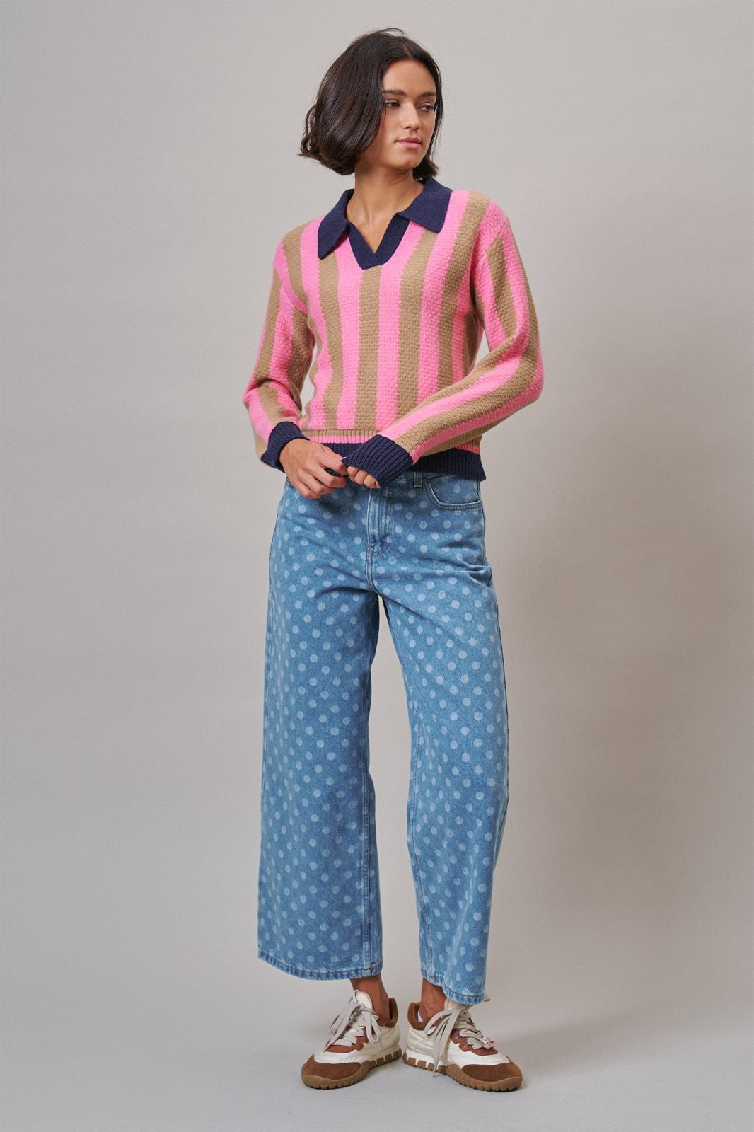 Polka Dot Wide Leg Barrel Jeans Light Wash Denim in Denim - Women's Casual Pants | Urban Daizy